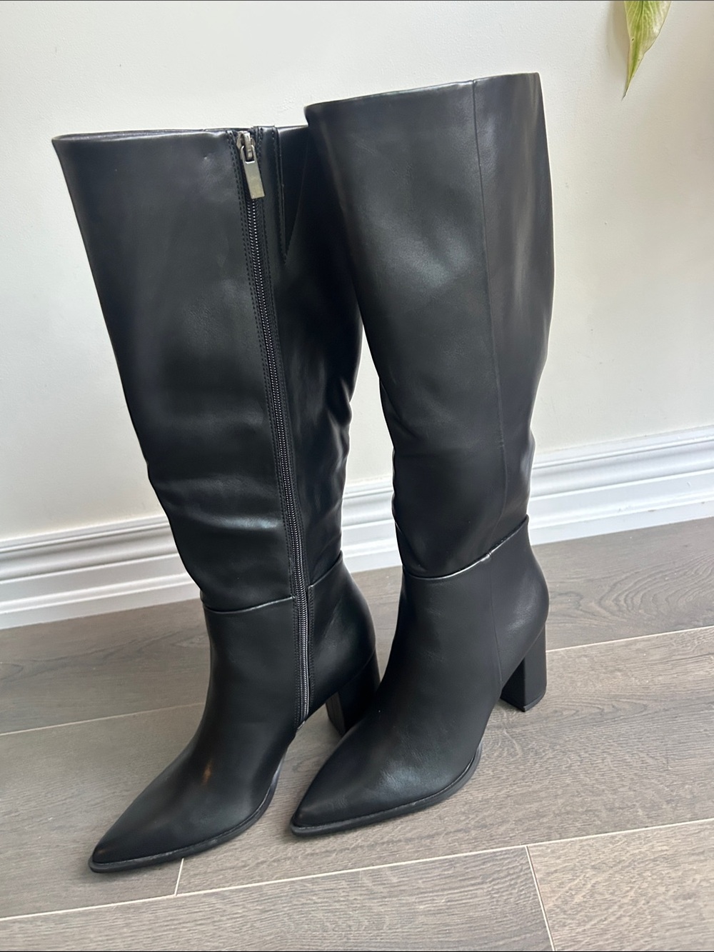 Black Faux Leather Knee High Pointed Toe Block Heel Boots Size 7 NWOT - Picture 8 of 16